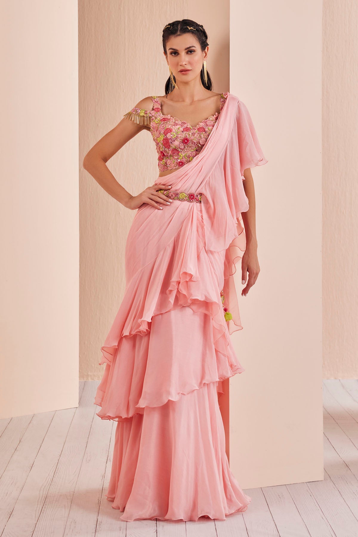 Buy Pink Chiffon Ruffle Pre Drape Saree Set by Mandira Wirk